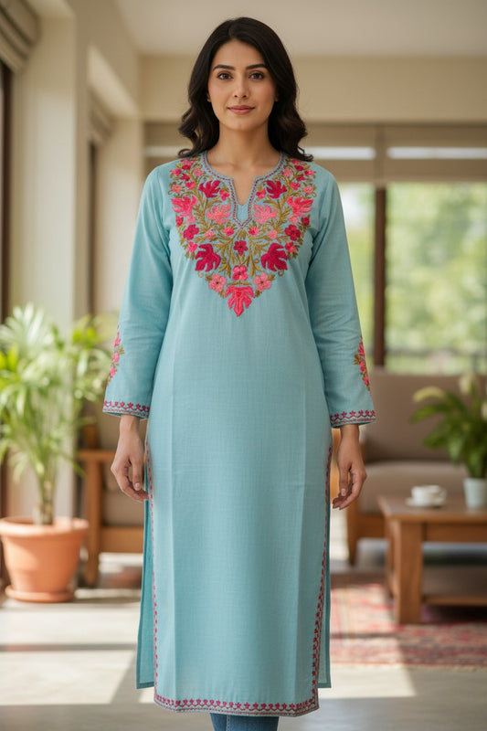 Kashmiri Kurti for Women Cotton Kurti with Embroidery - Small | Sky Blue