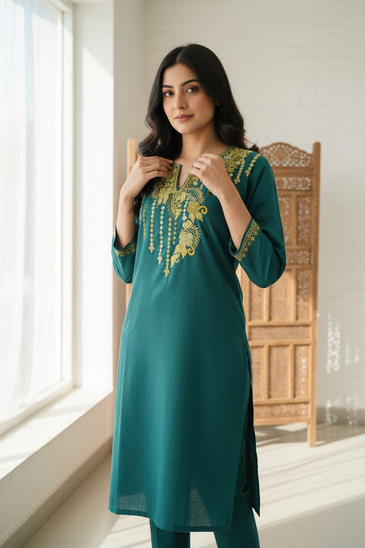 Kashmiri Kurti for Women Cotton Kurti with Embroidery - Small | Sea Green