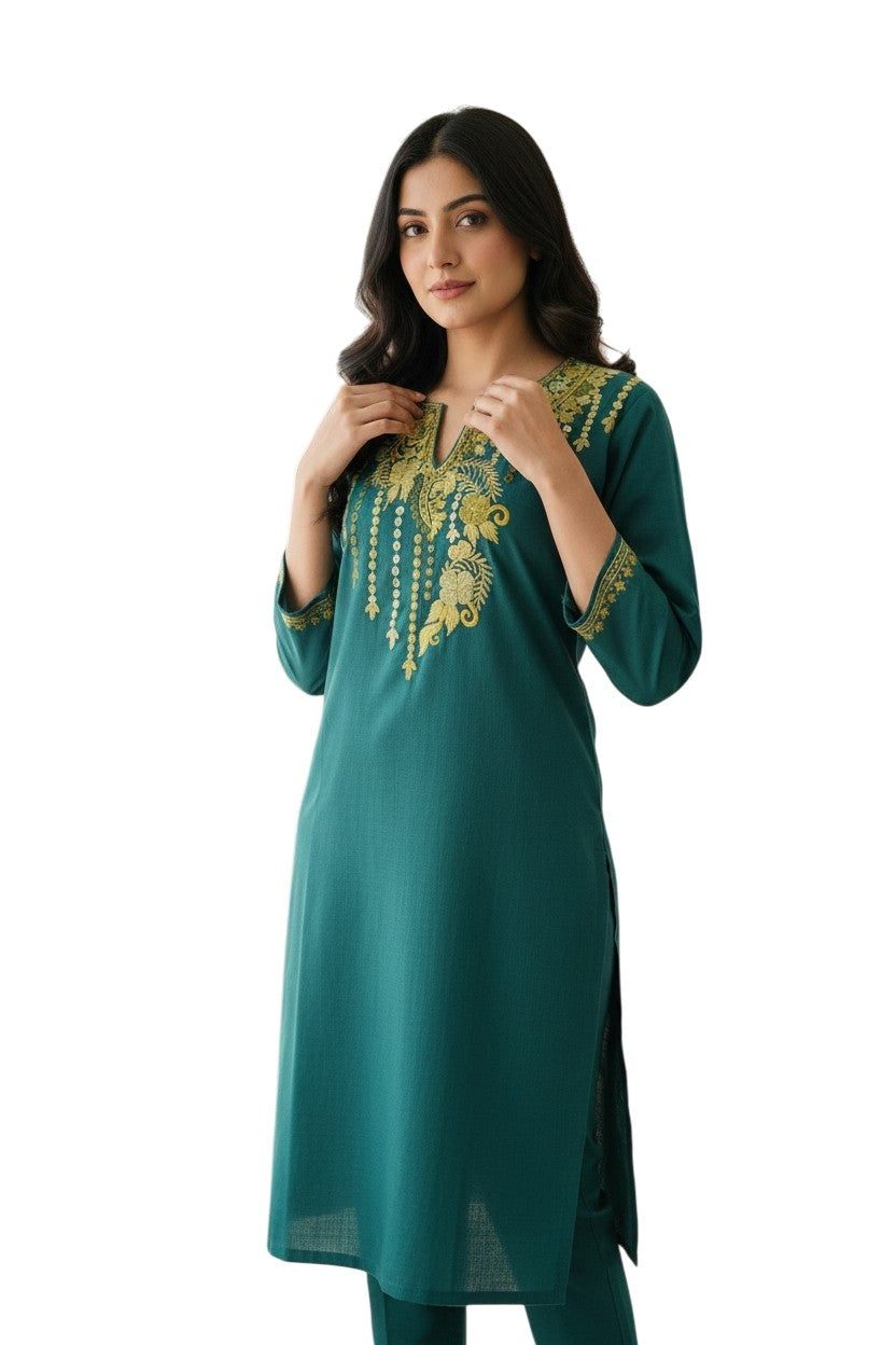 Kashmiri Kurti for Women Cotton Kurti with Embroidery - Small | Sea Green