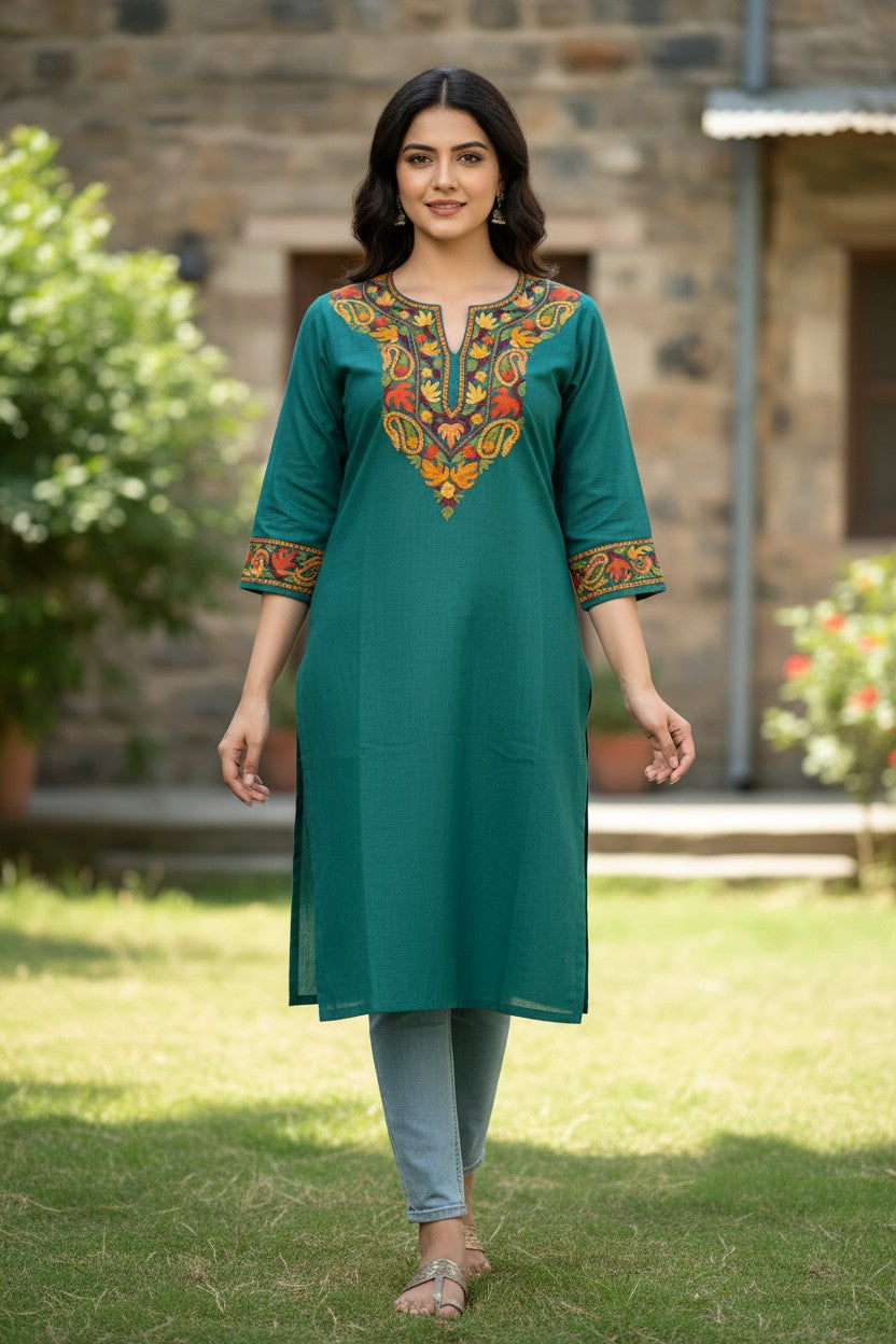 Kashmiri Kurti for Women Cotton Kurti with Embroidery - Gamma Green