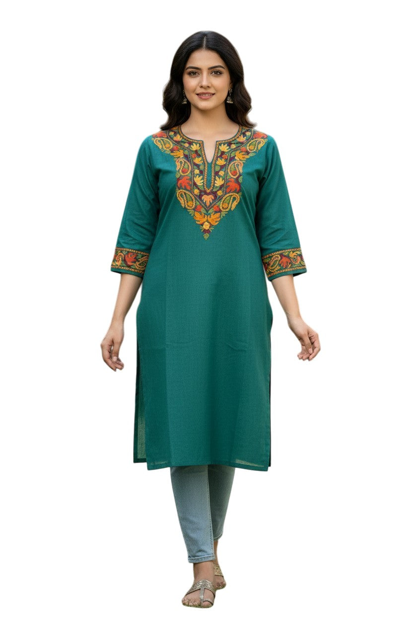 Kashmiri Kurti for Women Cotton Kurti with Embroidery - Gamma Green