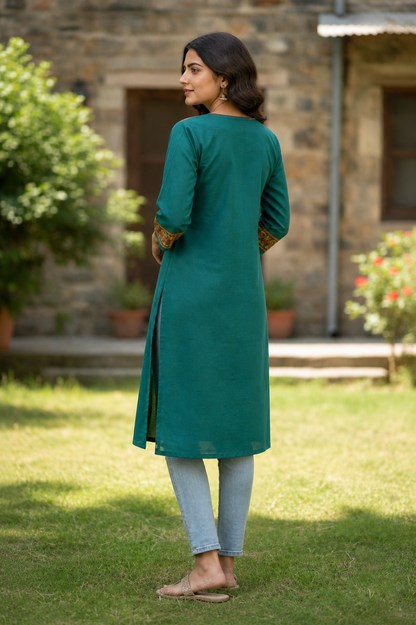 Kashmiri Kurti for Women Cotton Kurti with Embroidery - Gamma Green