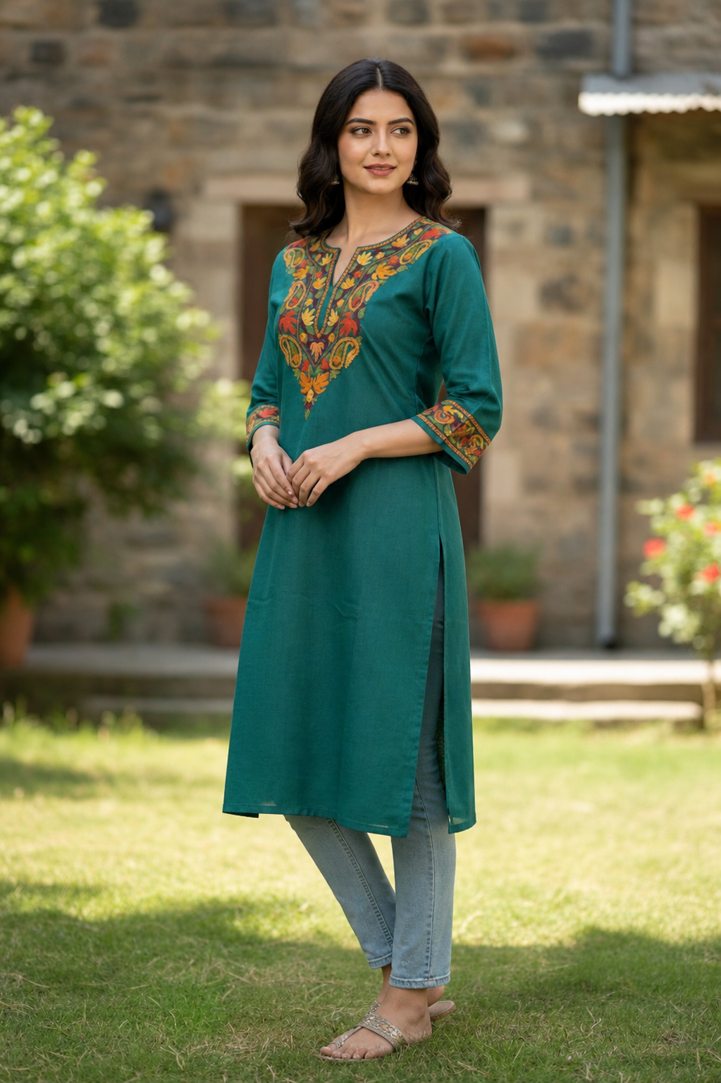 Kashmiri Kurti for Women Cotton Kurti with Embroidery - Gamma Green