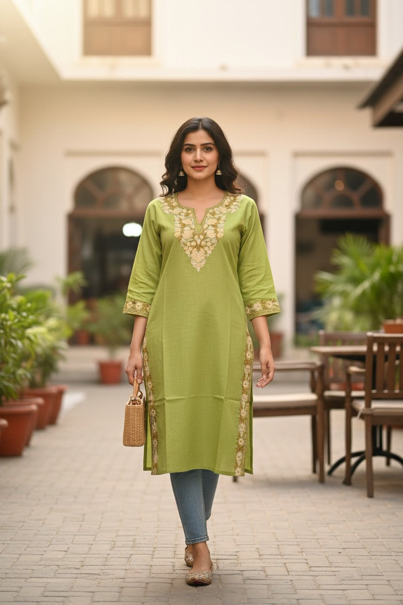 Kashmiri Kurti for Women Cotton Kurti with Embroidery - Green