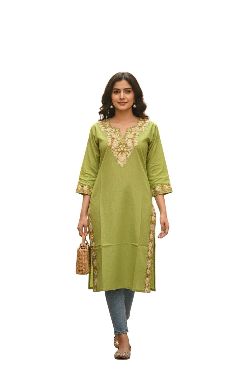 Kashmiri Kurti for Women Cotton Kurti with Embroidery - Green