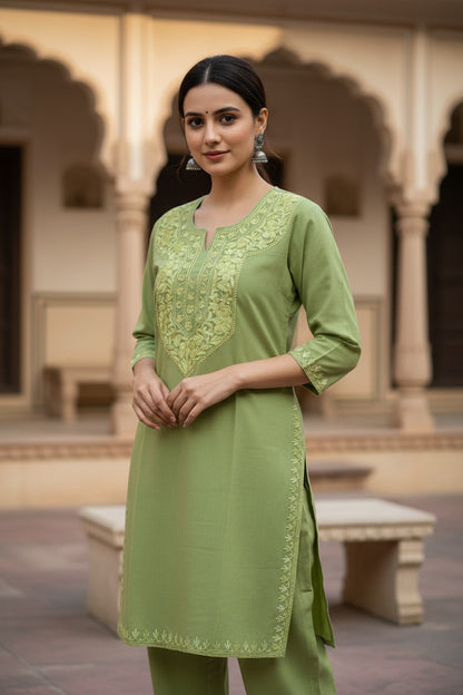 Kashmiri Kurti for Women Cotton Kurti with Embroidery - Green