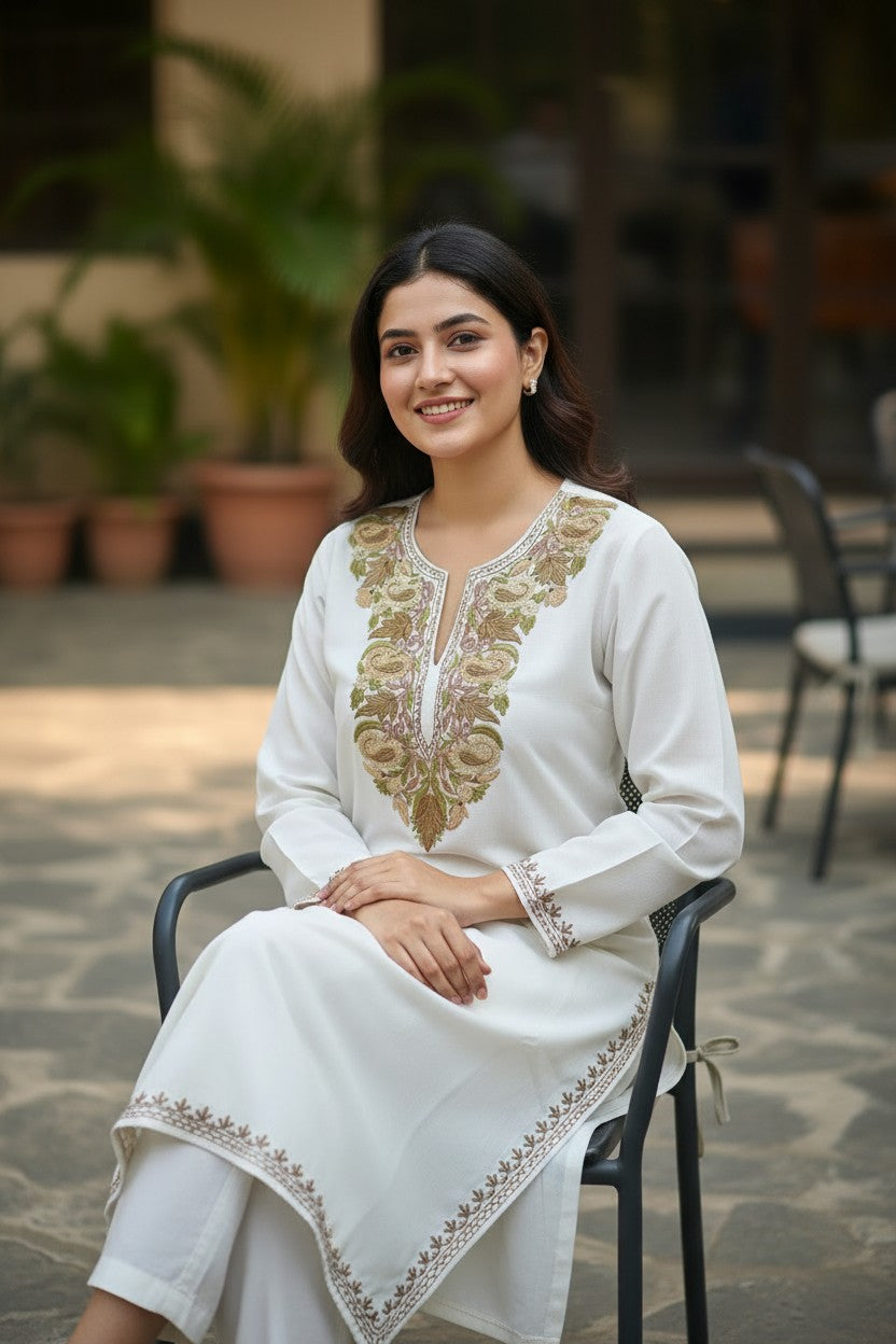 Kashmiri Kurti for Women Cotton Kurti with Embroidery - Small | White2