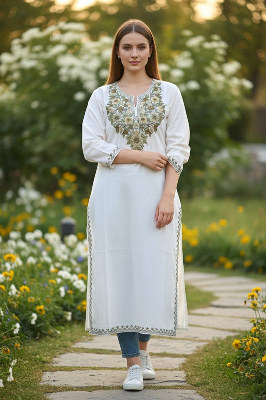 Kashmiri Kurti for Women Cotton Kurti with Embroidery - Small | White