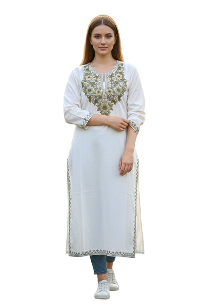 Kashmiri Kurti for Women Cotton Kurti with Embroidery - Small | White