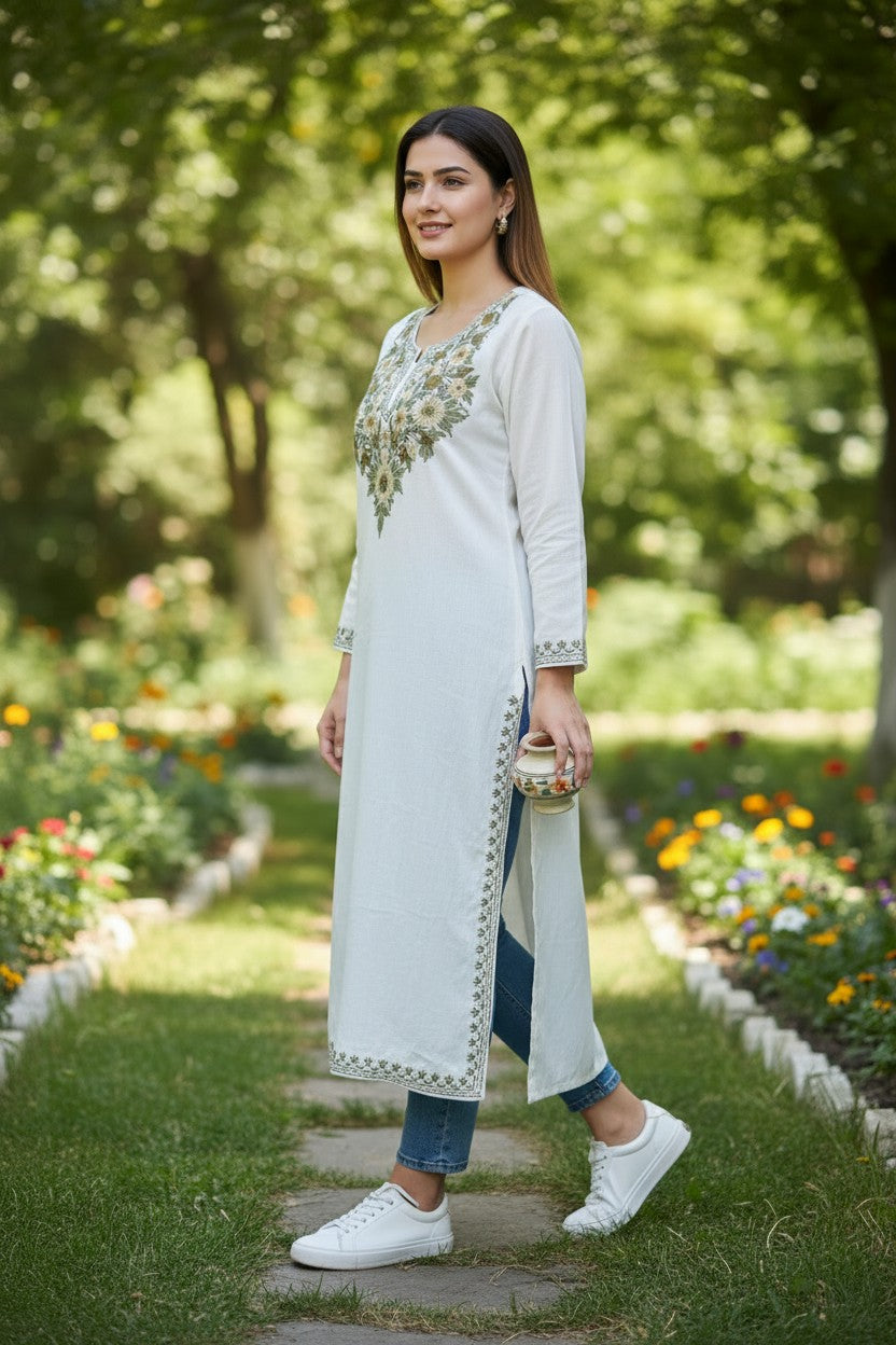 Kashmiri Kurti for Women Cotton Kurti with Embroidery - Small | White