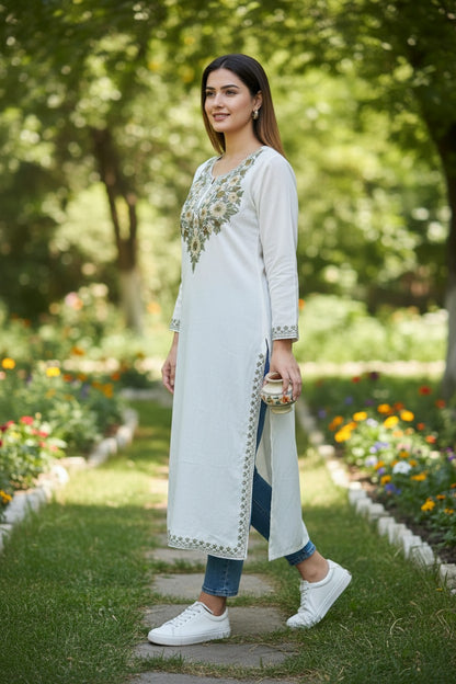 Kashmiri Kurti for Women Cotton Kurti with Embroidery - Small | White