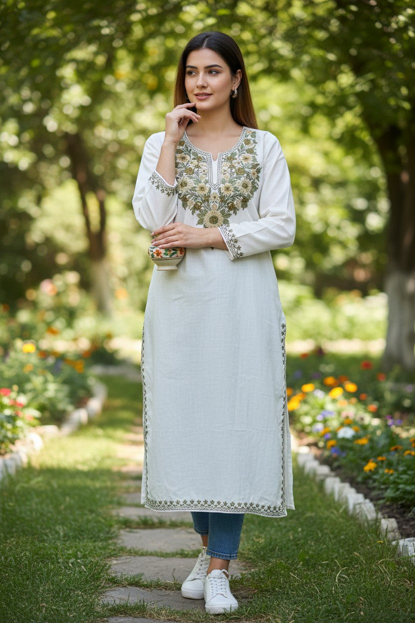 Kashmiri Kurti for Women Cotton Kurti with Embroidery - Small | White