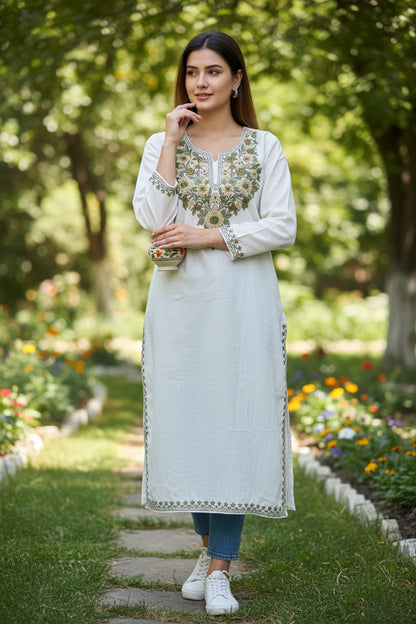 Kashmiri Kurti for Women Cotton Kurti with Embroidery - Small | White