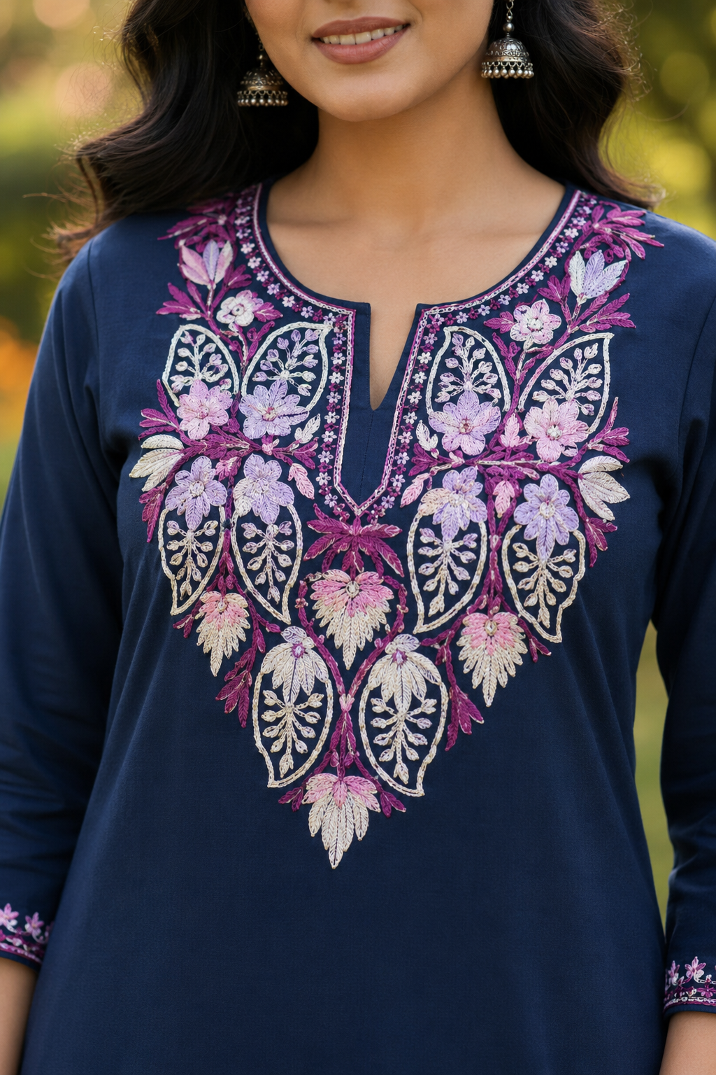 Kashmiri Kurti for Women Cotton Kurti with Embroidery - Small | Navy Blue