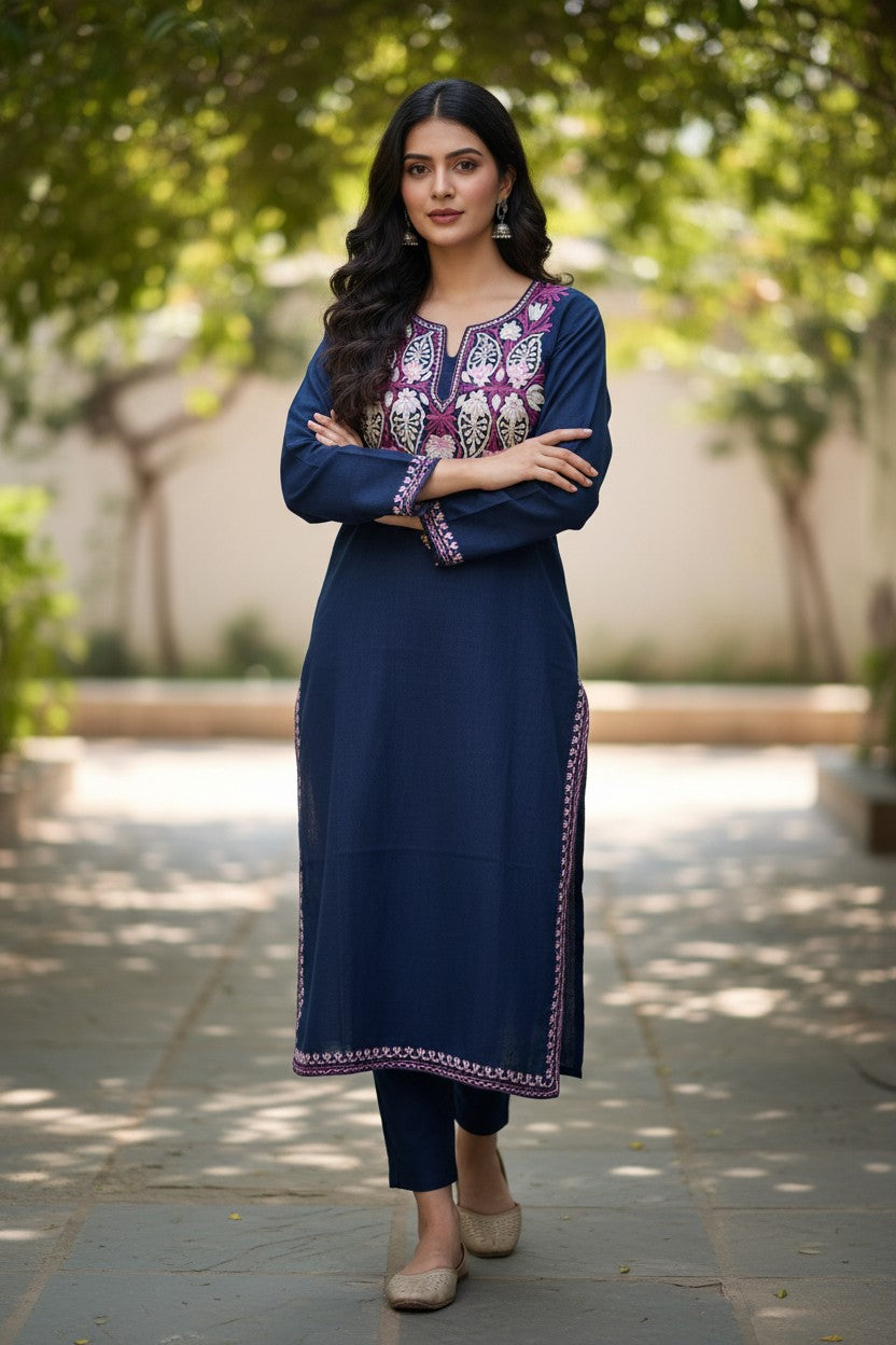 Kashmiri Kurti for Women Cotton Kurti with Embroidery - Small | Navy Blue