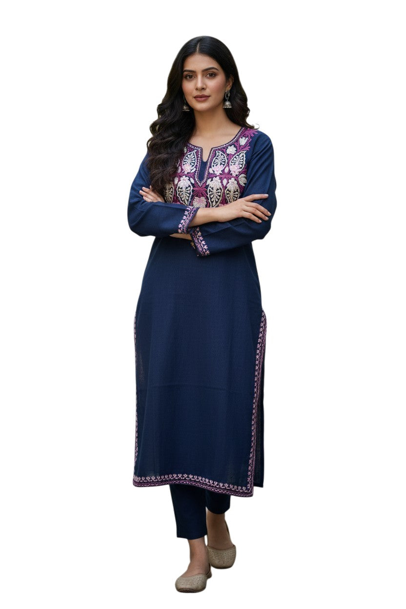 Kashmiri Kurti for Women Cotton Kurti with Embroidery - Small | Navy Blue