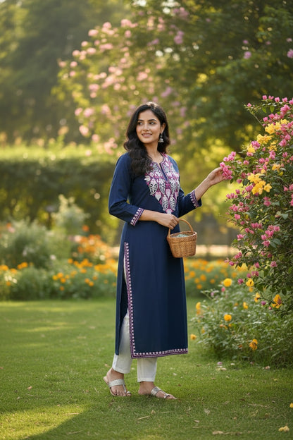 Kashmiri Kurti for Women Cotton Kurti with Embroidery - Small | Navy Blue