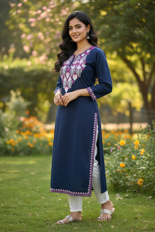 Kashmiri Kurti for Women Cotton Kurti with Embroidery - Small | Navy Blue