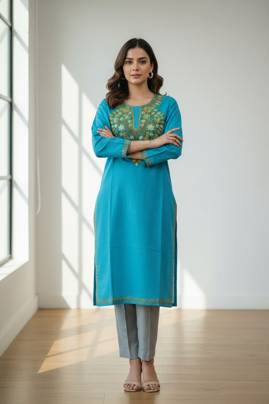 Kashmiri Kurti for Women Cotton Kurti with Embroidery - XS | Sky Blue