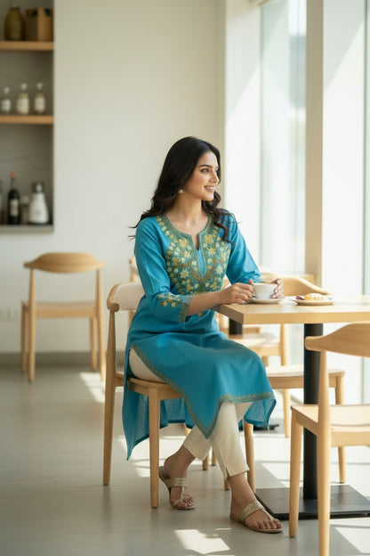 Kashmiri Kurti for Women Cotton Kurti with Embroidery - XS | Sky Blue