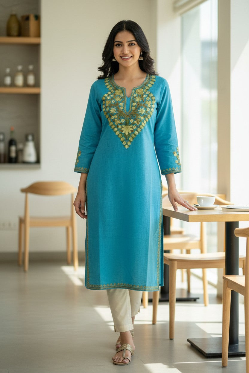 Kashmiri Kurti for Women Cotton Kurti with Embroidery - XS | Sky Blue