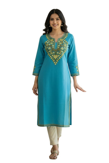 Kashmiri Kurti for Women Cotton Kurti with Embroidery - XS | Sky Blue