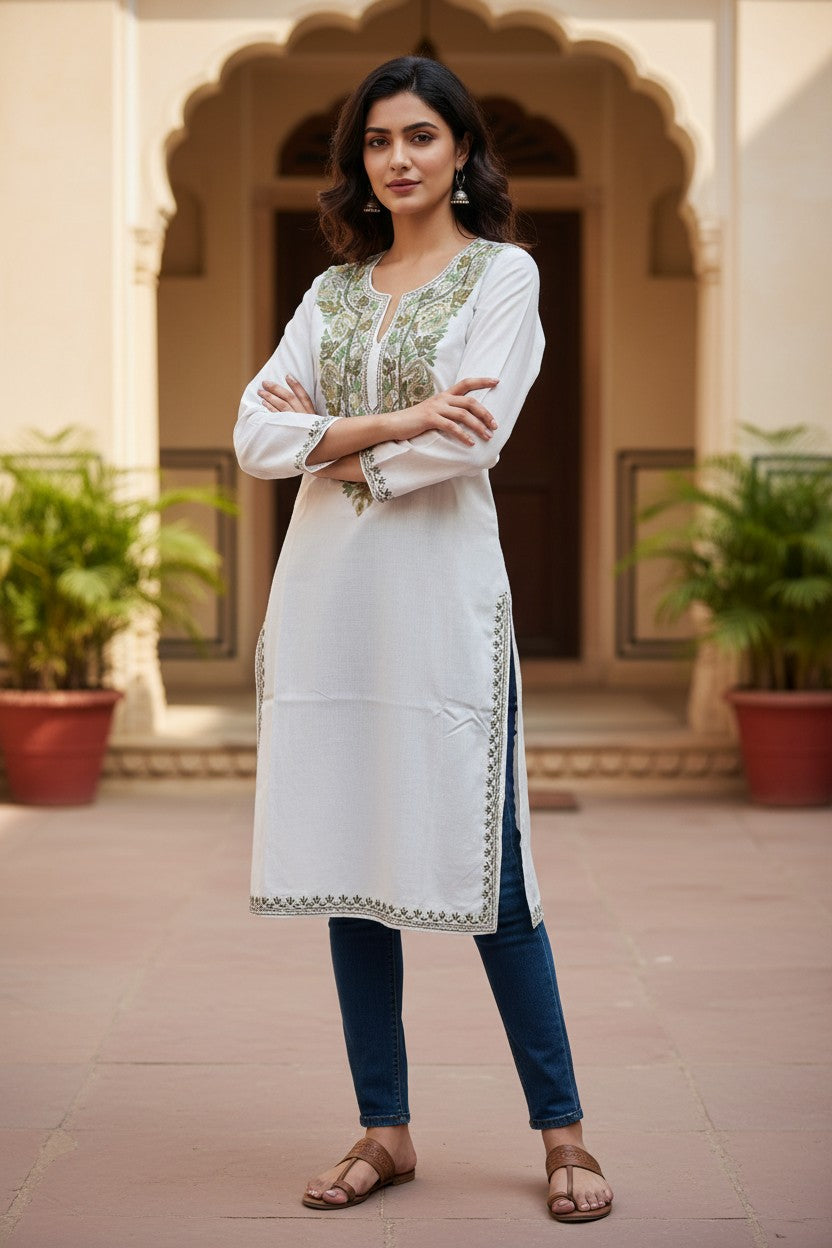 Kashmiri Kurti for Women Cotton Kurti with Embroidery - Small | White