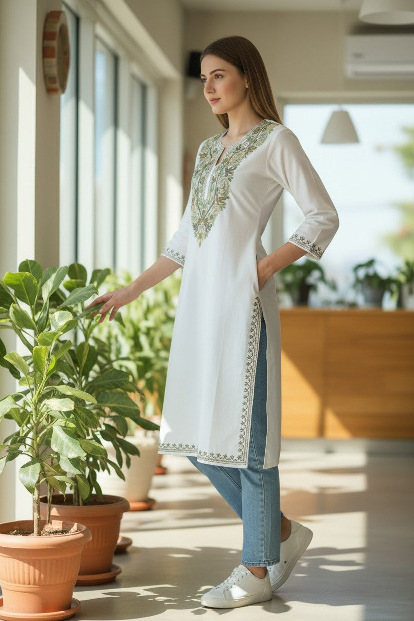 Kashmiri Kurti for Women Cotton Kurti with Embroidery - Small | White