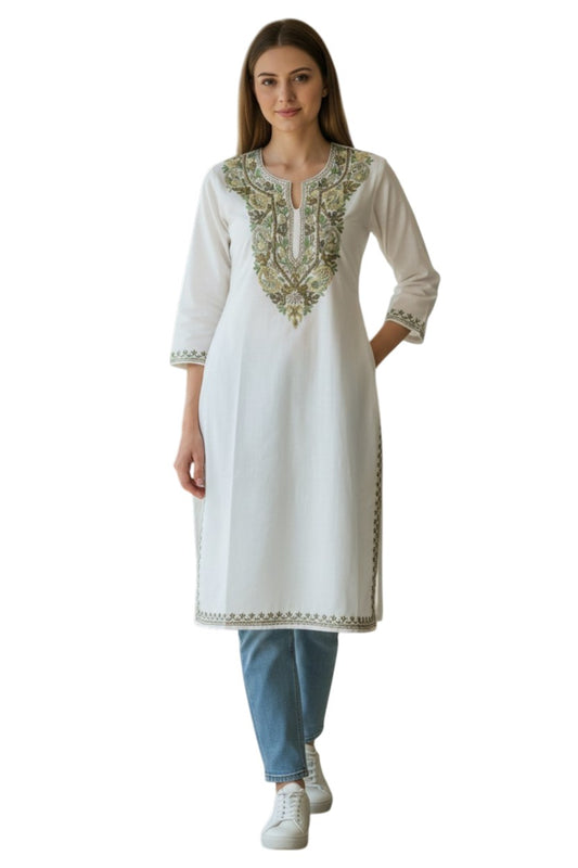 Kashmiri Kurti for Women Cotton Kurti with Embroidery - Small | White