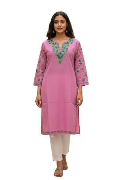 Kashmiri Kurti for Women Cotton Kurti with Embroidery - Light Pnk