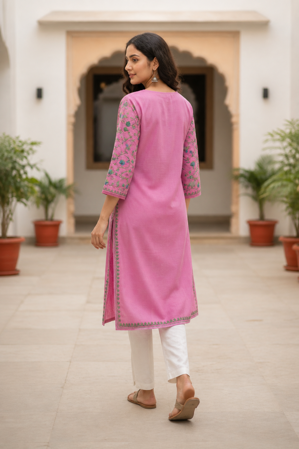 Kashmiri Kurti for Women Cotton Kurti with Embroidery - Light Pnk