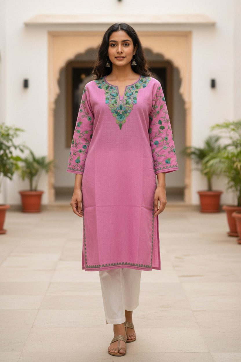 Kashmiri Kurti for Women Cotton Kurti with Embroidery - Light Pnk