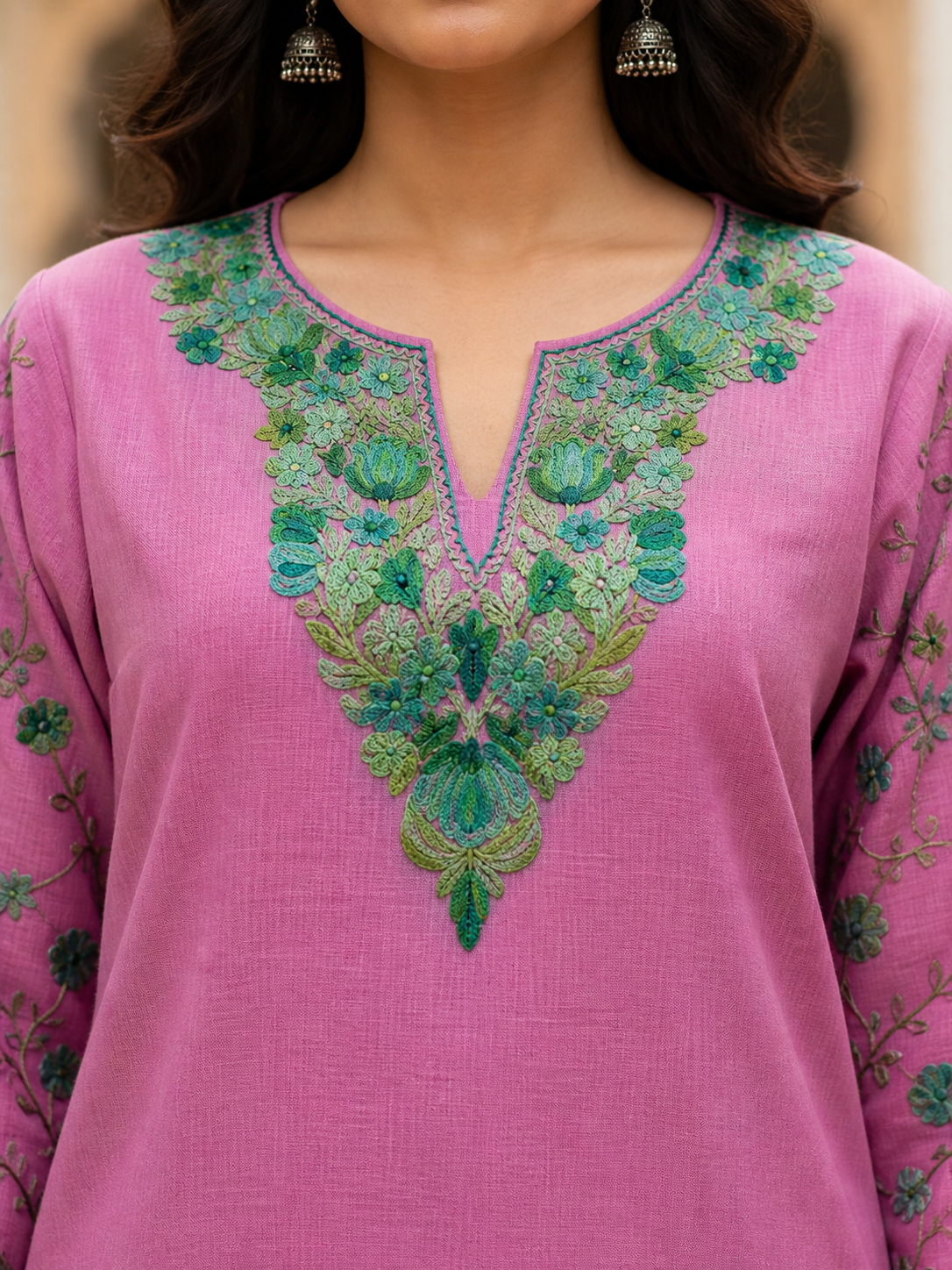 Kashmiri Kurti for Women Cotton Kurti with Embroidery - Light Pnk