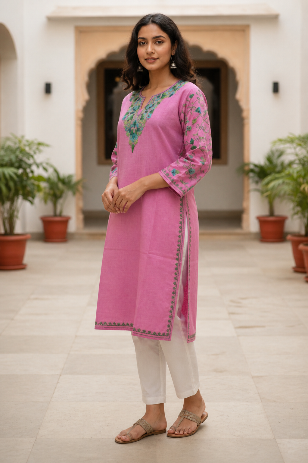 Kashmiri Kurti for Women Cotton Kurti with Embroidery - Light Pnk