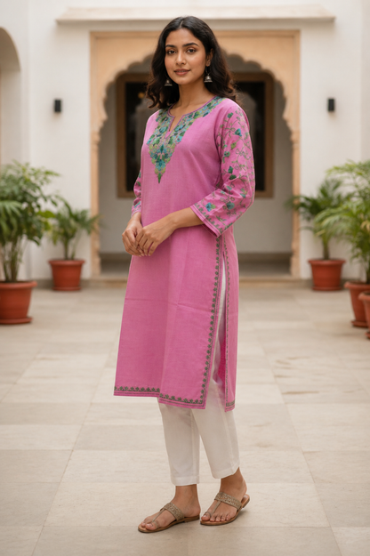Kashmiri Kurti for Women Cotton Kurti with Embroidery - Light Pnk