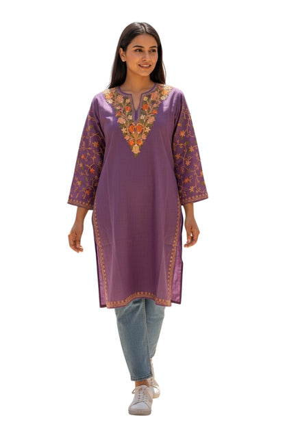 Kashmiri Kurti for Women Cotton Kurti with Embroidery - Purple