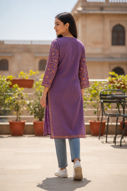 Kashmiri Kurti for Women Cotton Kurti with Embroidery - Purple