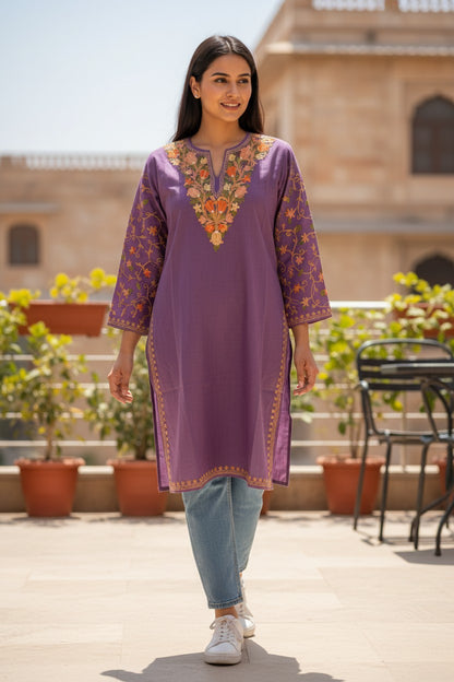 Kashmiri Kurti for Women Cotton Kurti with Embroidery - Purple