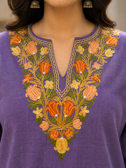 Kashmiri Kurti for Women Cotton Kurti with Embroidery - Purple