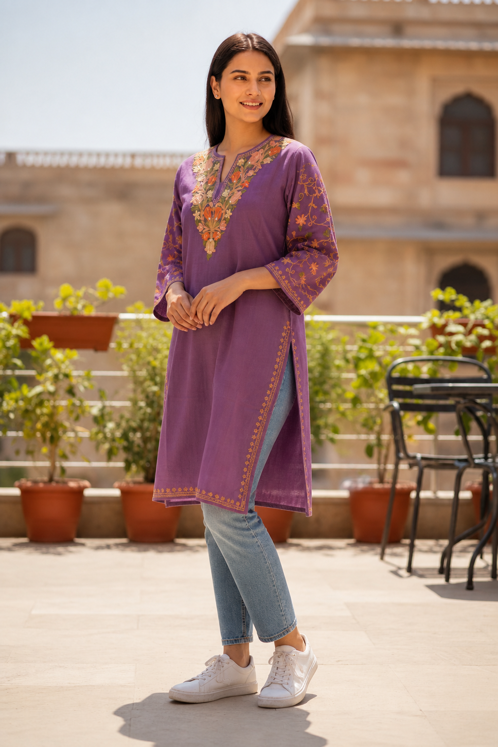 Kashmiri Kurti for Women Cotton Kurti with Embroidery - Purple