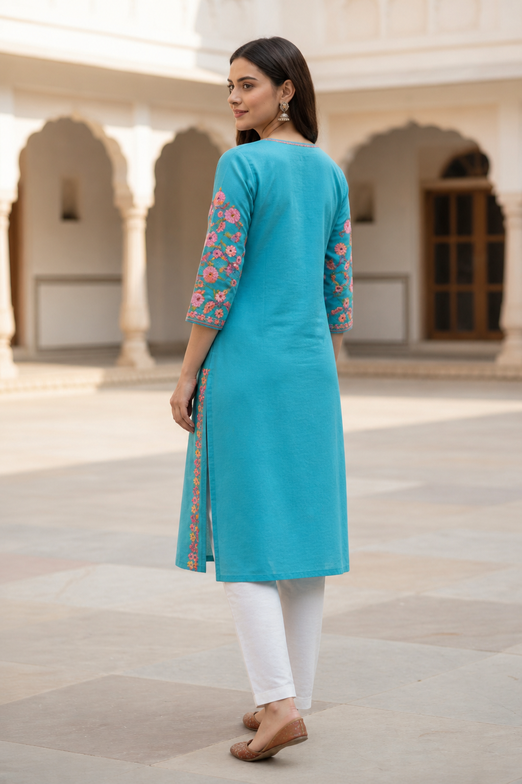 Kashmiri Kurti for Women Cotton Kurti with Embroidery - Sky Blue