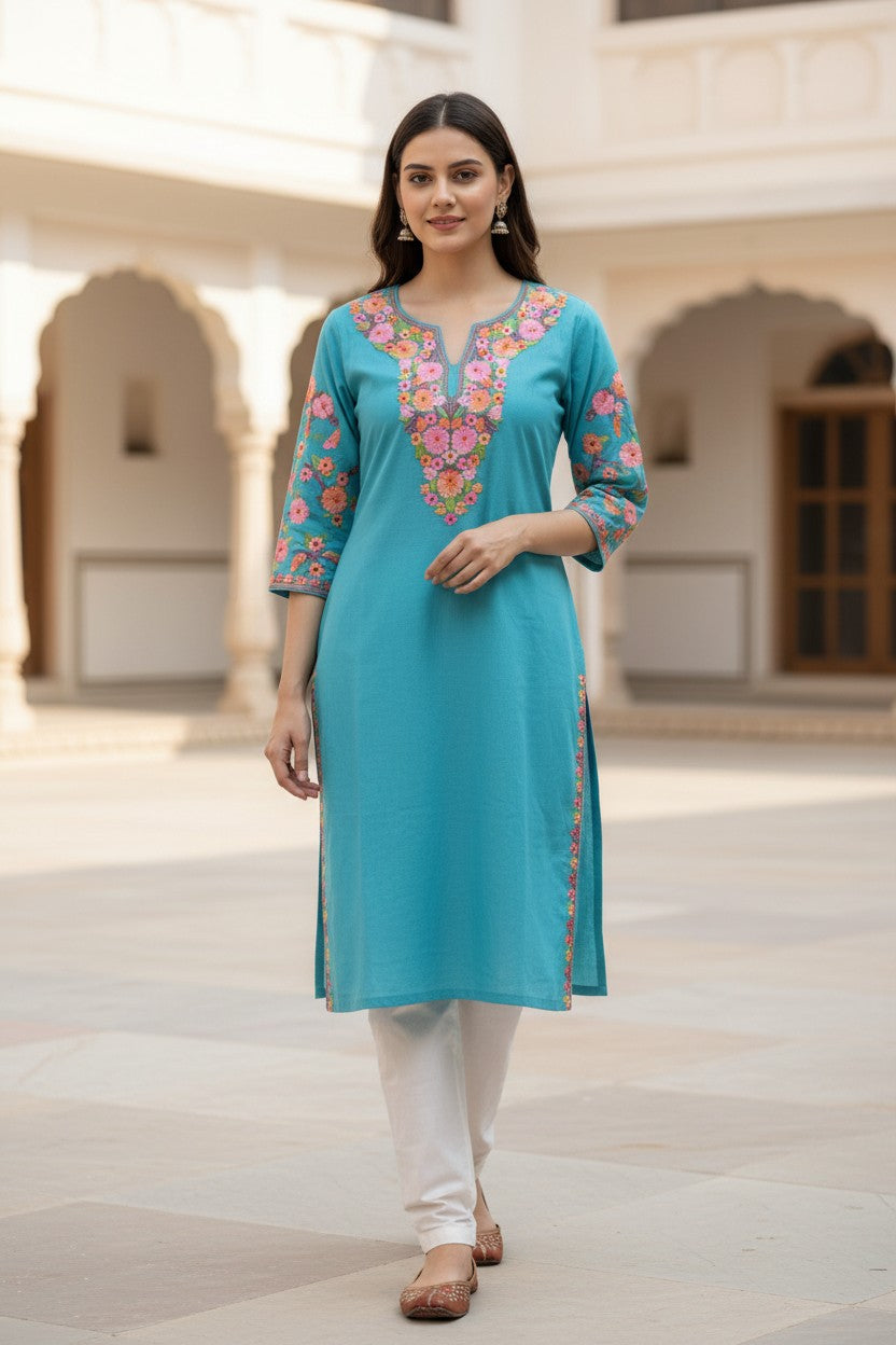 Kashmiri Kurti for Women Cotton Kurti with Embroidery - Sky Blue