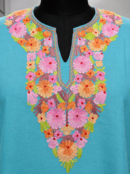 Kashmiri Kurti for Women Cotton Kurti with Embroidery - Sky Blue