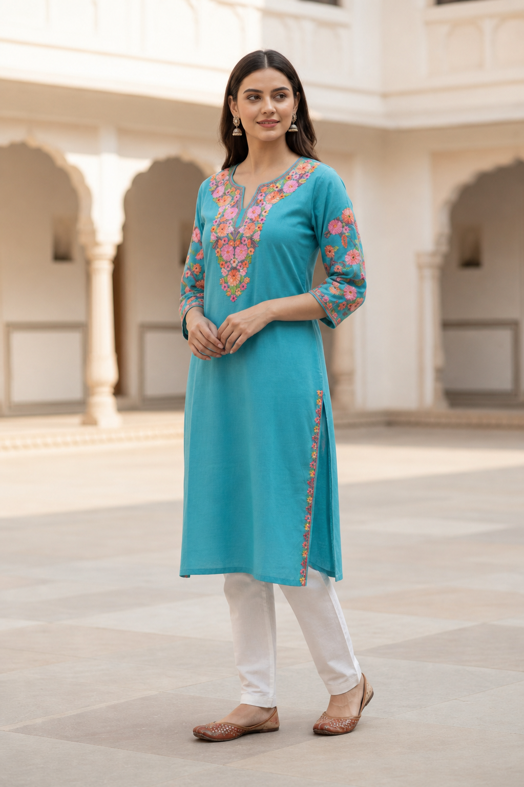 Kashmiri Kurti for Women Cotton Kurti with Embroidery - Sky Blue