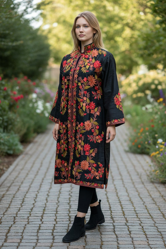 Women’s Silk Jackets with Kashmiri Aari Embroidery - XL | Black