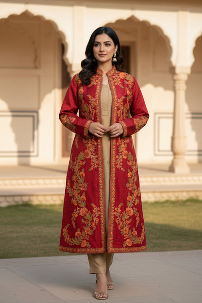 Women’s Silk Jackets with Kashmiri Aari Embroidery - L | Maroon