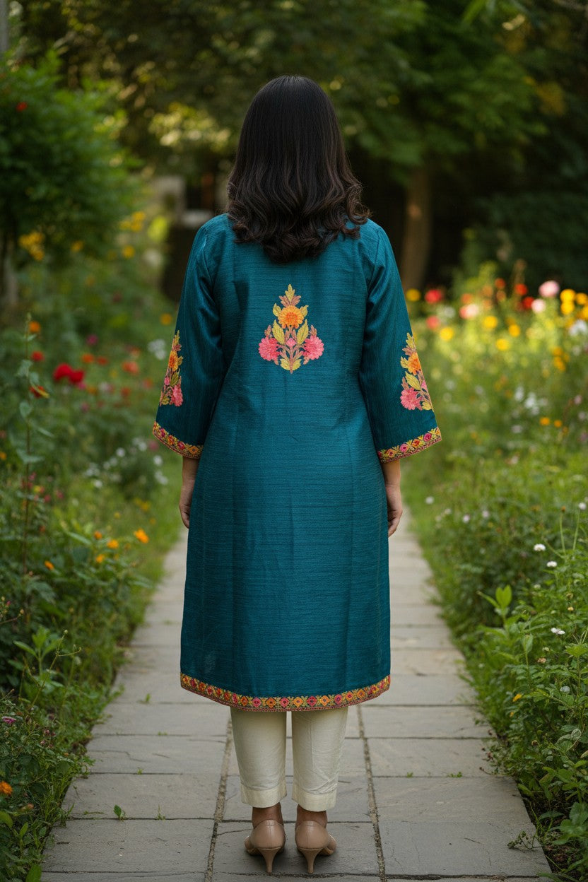 Women’s Silk Jackets with Kashmiri Aari Embroidery - L | Blue