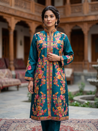 Women’s Silk Jackets with Kashmiri Aari Embroidery - L | Blue