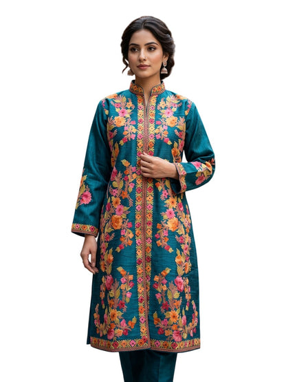 Women’s Silk Jackets with Kashmiri Aari Embroidery - L | Blue