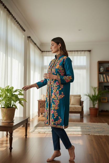 Women’s Silk Jackets with Kashmiri Aari Embroidery - L | Blue